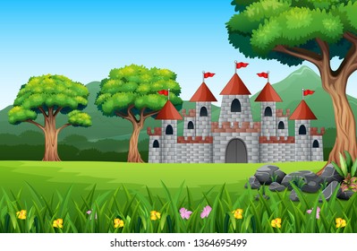 Cartoon of fairy tale castle with nature landscape