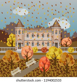 Cartoon fairy tale castle or rich manor house in autumn landscape with colorful trees and falling leaves. Use for cartoon or game asset background. Vector illustration