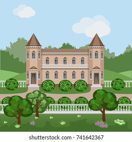 Cartoon fairy tale castle or rich mansion in green summer landscape, Scene with Victorian style manor house, trees and bushes in blossom surrounded by forest. Vector illustration