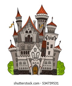 Cartoon fairy tale castle tower icon. Cute cartoon castle architecture. Vector illustration fantasy house fairytale medieval castle. Kingstone stronghold design fable isolated.