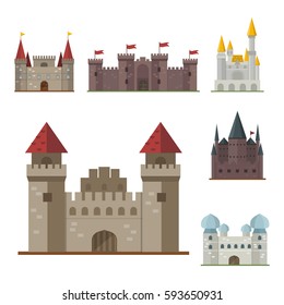 Cartoon fairy tale castle tower icon cute architecture fantasy house fairytale medieval and princess stronghold design fable isolated vector illustration.