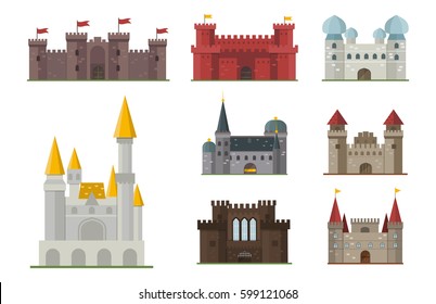 Cartoon fairy tale castle tower icon cute architecture fantasy house fairytale medieval and princess stronghold design fable isolated vector illustration.