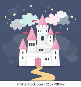 Cartoon fairy tale castle. Vector illustration for children with night palace in clouds. Princess, prince, unicorn theme. Fabulous illustration for children.