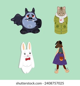 Caricatura, cuento de hadas, personajes infantiles, animales, liebre, perro, gato, murciélago, colores brillantes, estilo divertido. Ilustración del vector EPS10