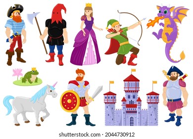 Cartoon fairy tale dragon, princess fantasy characters. Fairy tale fantasy unicorn, medieval castle, dragon vector illustration. Magical world fairy tale heroes. Princess and castle, characters set