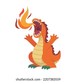 Cartoon fairy tale dragon vector illustration. Fire breathing monsters with wings isolated on white background. Fairytale for kids, magical concept