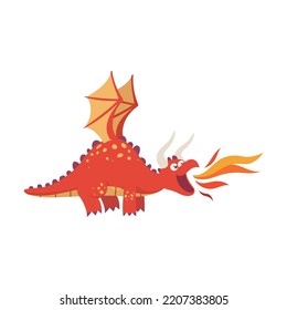 Cartoon fairy tale dragon vector illustration. Cute flying dragons, dinosaurs, fire breathing monsters with wings isolated on white background. Fairytale for kids, magical concept