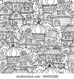 Cartoon Fairy Tale Drawing Russian Village. Sketchy Seamless Pattern