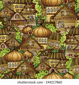 Cartoon fairy tale drawing village. seamless pattern