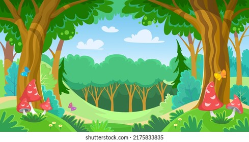 Cartoon fairy tale forest in summer or spring. Magic mushrooms and trees in the woodland. Green meadow in a fantasy world. Bright butterflies in a dreamland. Vector background with copy space.