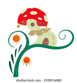 Cartoon fairy tale house fly agaric on a liana with lanterns for fairies and gnomes on a white background. A fabulous home for little creatures. Vector flat illustration for postcards, banners