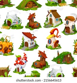 Cartoon fairy tale houses and dwellings seamless pattern background. Vector mushroom houses of fairytale gnome or elf, forest cottage, hut or bungalow made of shoe, pumpkin, teapot, tree trunk, stump