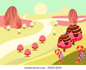 Cartoon fairy tale landscape. Candy land illustration for game background