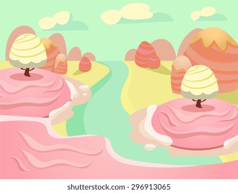 Cartoon fairy tale landscape. Candy land illustration for game background