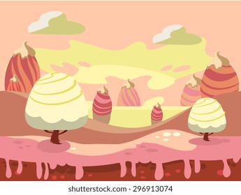 Cartoon fairy tale landscape. Candy land illustration for game background
