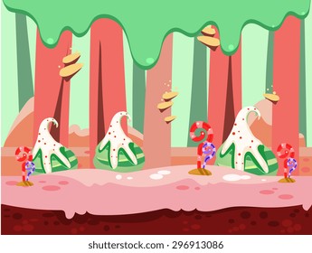 Cartoon fairy tale landscape. Candy land illustration for game background