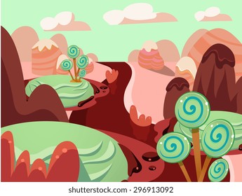 Cartoon fairy tale landscape. Candy land illustration for game background