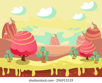Cartoon fairy tale landscape. Candy land illustration for game background