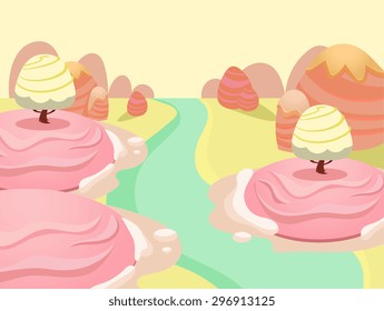Cartoon fairy tale landscape. Candy land illustration for game background