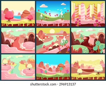 Cartoon fairy tale landscape. Candy land illustration for game background