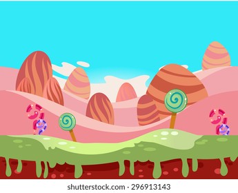 Cartoon fairy tale landscape. Candy land illustration for game background