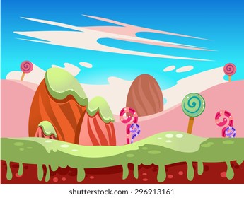 Cartoon fairy tale landscape. Candy land illustration for game background