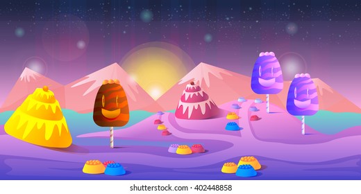 Cartoon fairy tale landscape. Candy land illustration for game design.