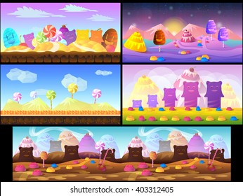 Cartoon fairy tale landscape. Candy land illustration for game background