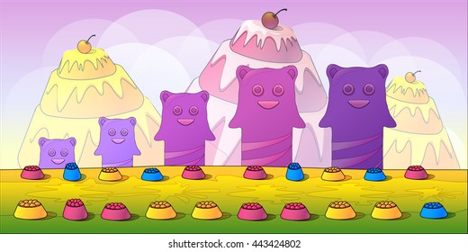 Cartoon fairy tale landscape. Candy land illustration for game design.