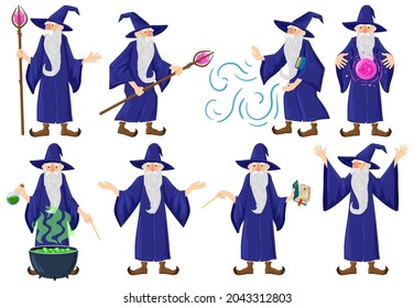 Cartoon fairy tale medieval wizard, magician character. Old magician, warlock, witchcraft male fairy tale hero vector illustration set. Mystery wizard practicing spells. Magic and sorcerer