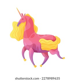 Cartoon fairy tale pink unicorn with yellow mane and tail on white background vector illustration