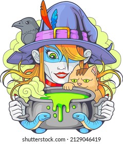 cartoon fairy tale witch, funny illustration design