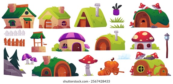 Cartoon fairy village game props vector set. Huts, fly agaric mushrooms, draw-well, lantern, fence, pumpkin cart. Cute dwarf house, stones, trees, grass. Rural dwellings, forest nature asset