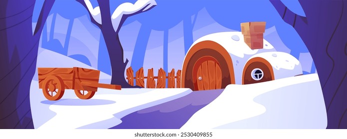 Cartoon aldeia de fadas com cabana, carrinho de madeira e cerca na floresta de inverno. Ilustração vetorial de casa anã bonito com telhado arredondado coberto snowdrifts. Habitação rural com chaminé. Plano de fundo do jogo