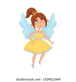 Cartoon fairy in a yellow dress with a light blue frill. Vector illustration on a white background.