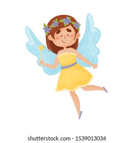 Cartoon fairy in a yellow dress with a wreath on his head. Vector illustration on a white background.