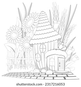 Cartoon fairytale acorn house, fence, flowers, leaves, wheat ears. Coloring book page for adults. Vector illusrtation