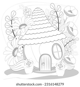 Cartoon fairytale apple house with tiles roof,  flowers, leaves, branches. Coloring book page for adults. Vector illusrtation