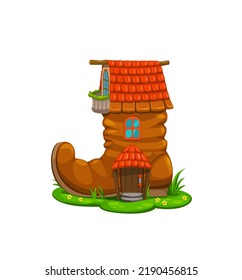 Cartoon fairytale boot house building. Forest pixie or gnome home, fairytale leprechaun dwelling in old shoe, isolated vector fantasy or magic hut, shack or house with porch, lawn and tiled roof