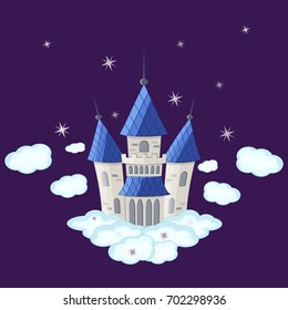 Cartoon  Fairytale castle in the clouds with stars at night. Princess castle. Vector illustration isolated on white background.