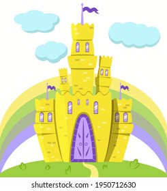 Cartoon fairytale castle in yellow color with clouds and rainbow