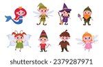 Cartoon fairytale characters. Fantasy mascots, cute gnome, mermaid and fairy flat vector illustration set. Fairy tale characters collection