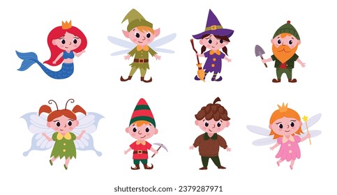 Cartoon fairytale characters. Fantasy mascots, cute gnome, mermaid and fairy flat vector illustration set. Fairy tale characters collection