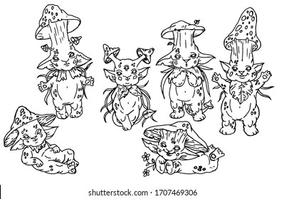 Cartoon fairytale characters, magic funny kids, cute small mushrooms in different hats and poses, with flowers and leaves, chubby cheeks and pointed ears, with tails and short paws, set concept art.