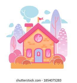 Cartoon fairytale cozy house in the forest or garden. Facade of a village house in light pink colors. Home Sweet Home. Vector illustration isolated on white.