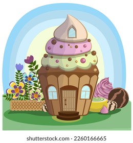 Cartoon fairytale cupcake house for little animals and fantasy inhabitants.  Vector illustration