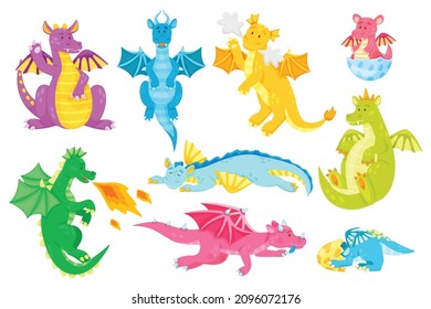 Cartoon fairytale dragon characters, cute baby dragons. Fantasy creature breathing fire, magical flying reptiles, fairy tale animals vector set. Little mythical dinos hatching from egg