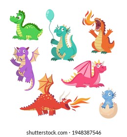 Cartoon fairytale dragons vector illustrations set. Collection of cute flying dragons, dinosaurs, fire breathing monsters with wings isolated on white background. Fairytale for kids, magical concept