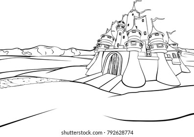 A cartoon fairytale fantasy castle background scene.