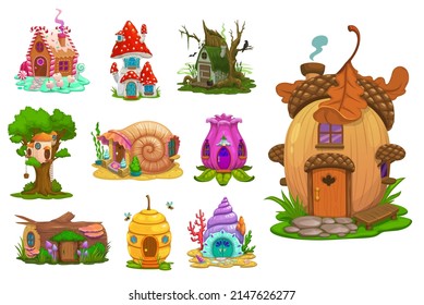 Cartoon fairytale fantasy houses and dwellings of dwarfs or gnomes, vector funny huts. Kids fairy tale mushroom and flower, beehive or acorn, caramel, snail and log, shell house